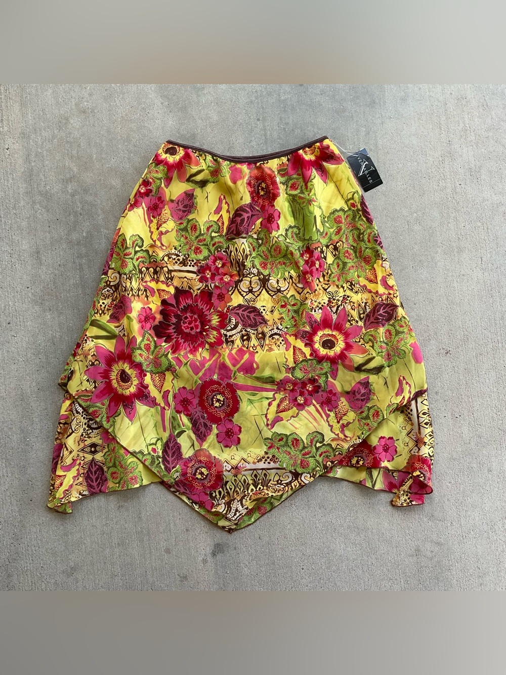 Vintage Versailles Yellow & pink floral maxi skirt with asymmetrical hem